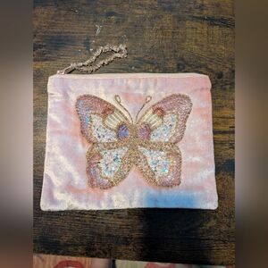 Pink Velvet Butterfly Clutch With‎ Sequin And Beaded Butterfly And Stone Strap